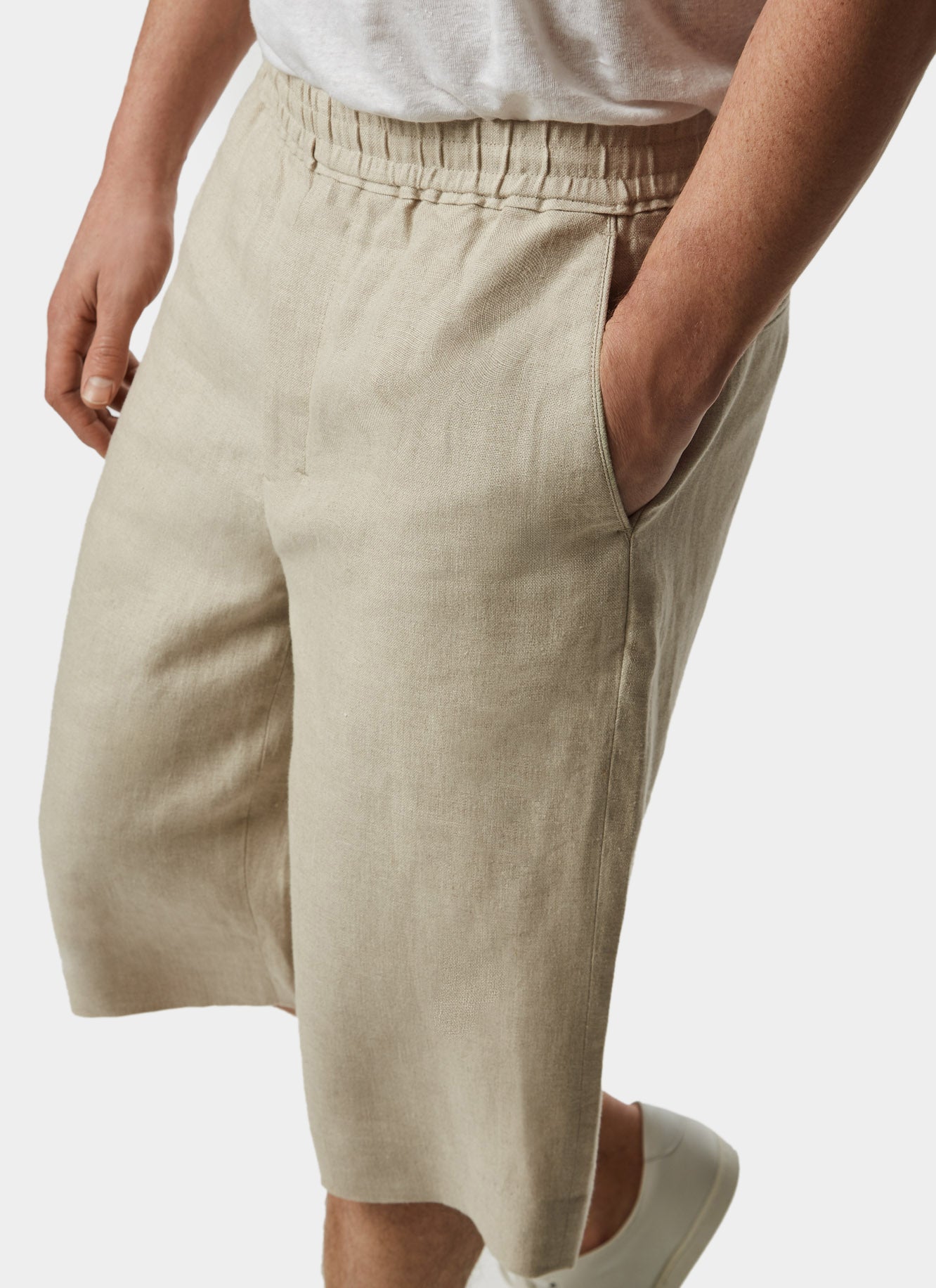 Sand Linen Bermuda Shorts With Elastic Waist