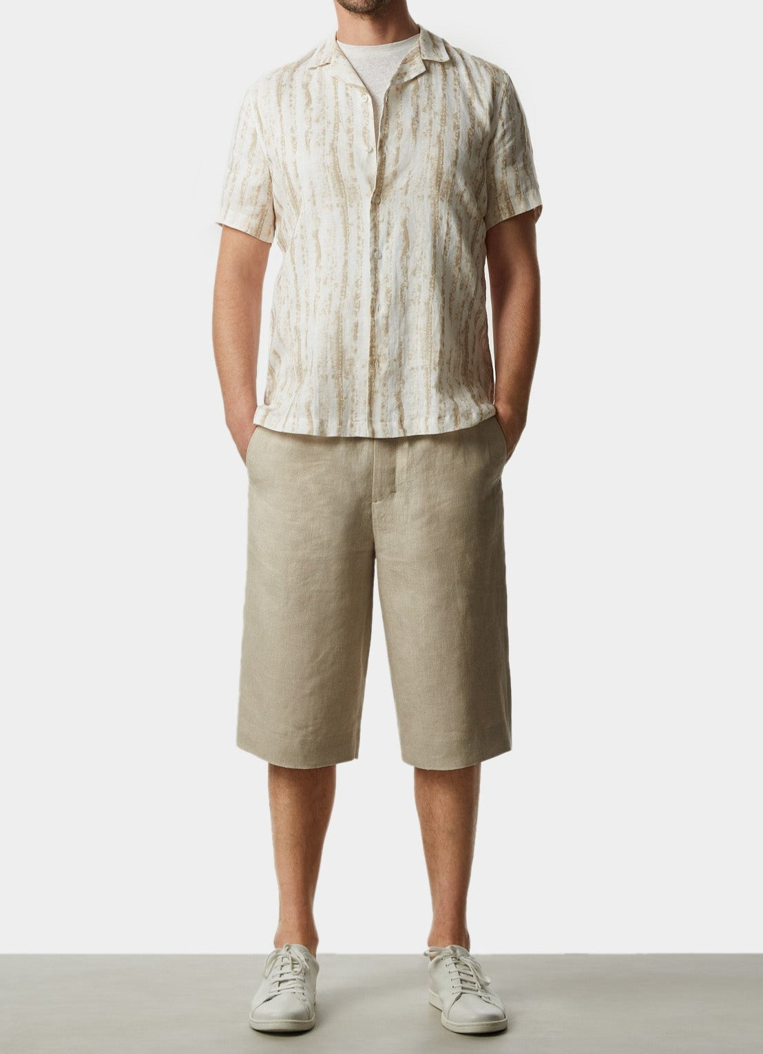 Sand Linen Bermuda Shorts With Elastic Waist