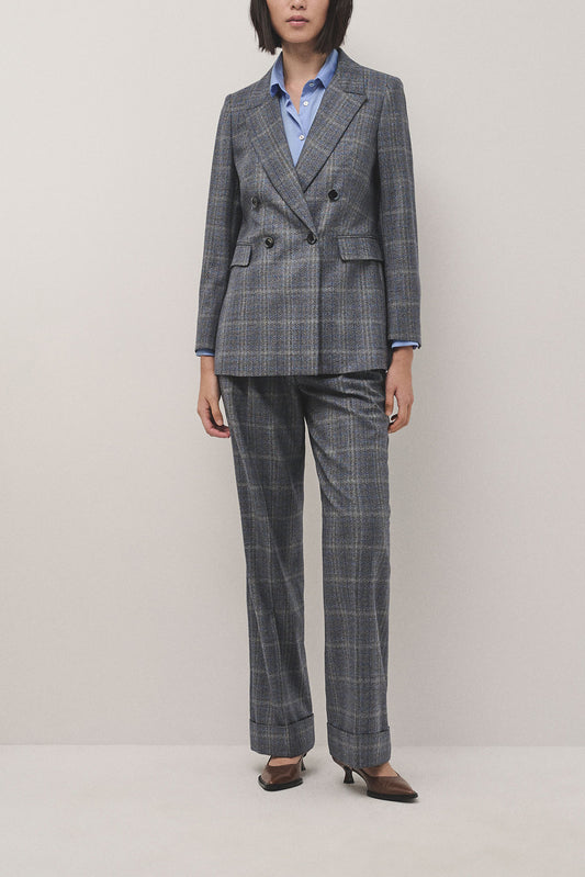 Grey and blue wales check wool tailored pants with rolled-up hem