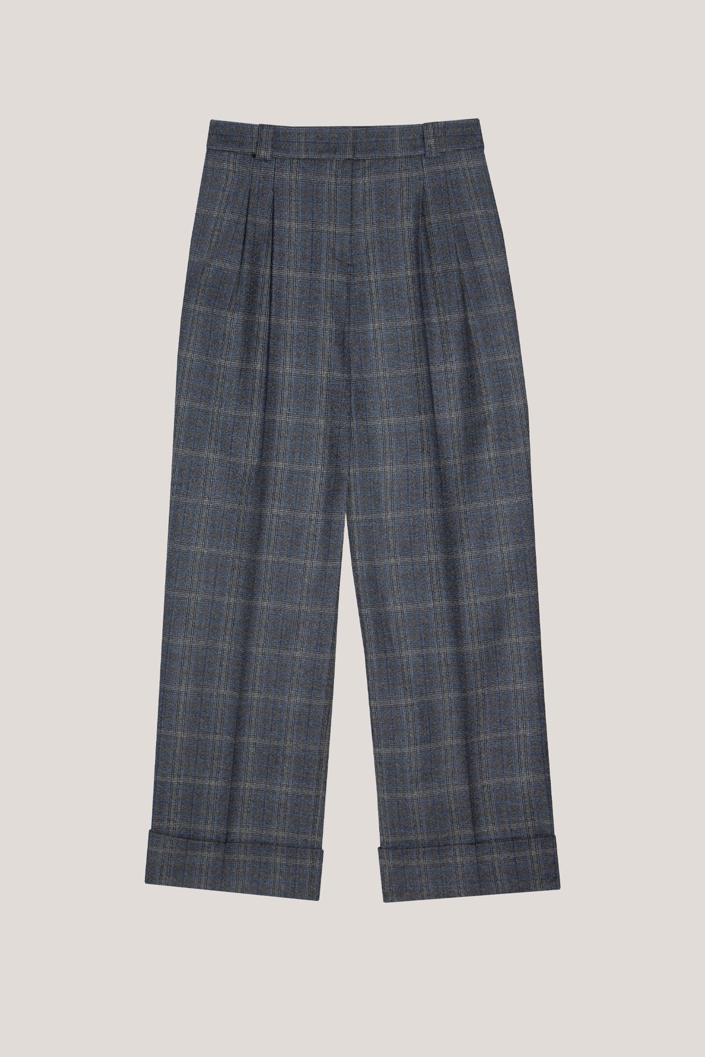 Grey and blue wales check wool tailored pants with rolled-up hem