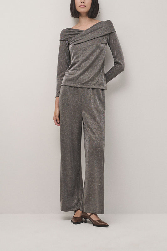 Gray shiny knitted wide trousers