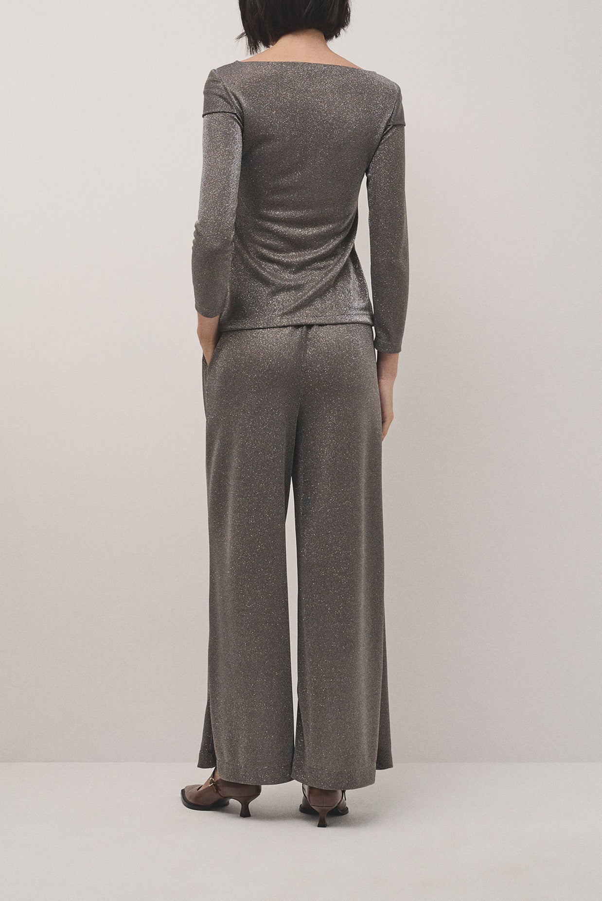 Gray shiny knitted wide trousers