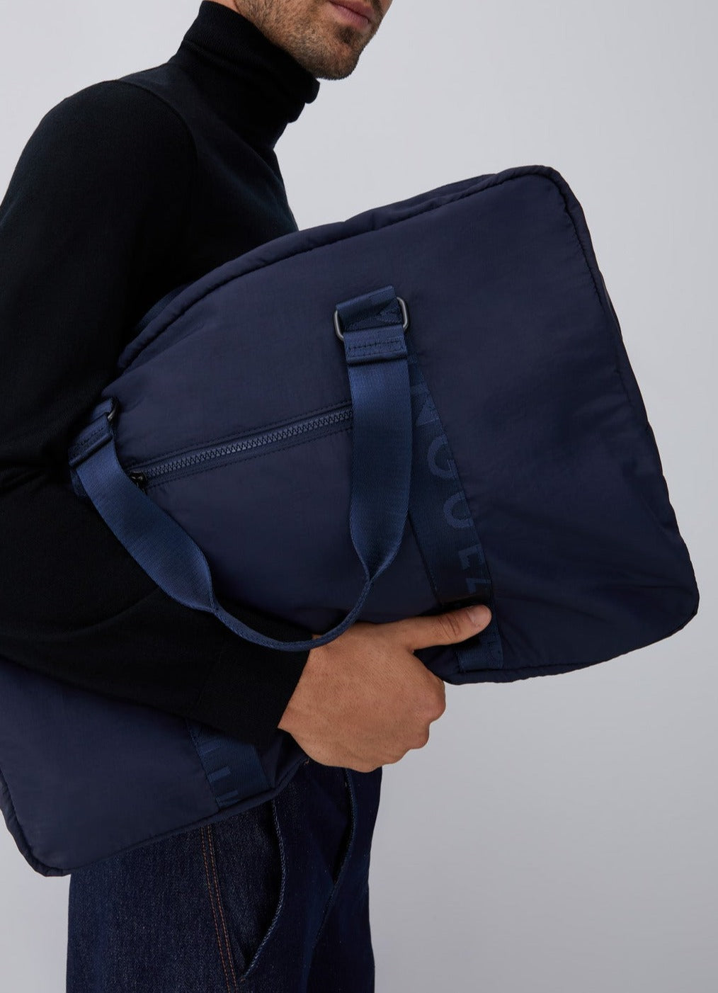 Navy Blue Nylon Weekender With Double Strap