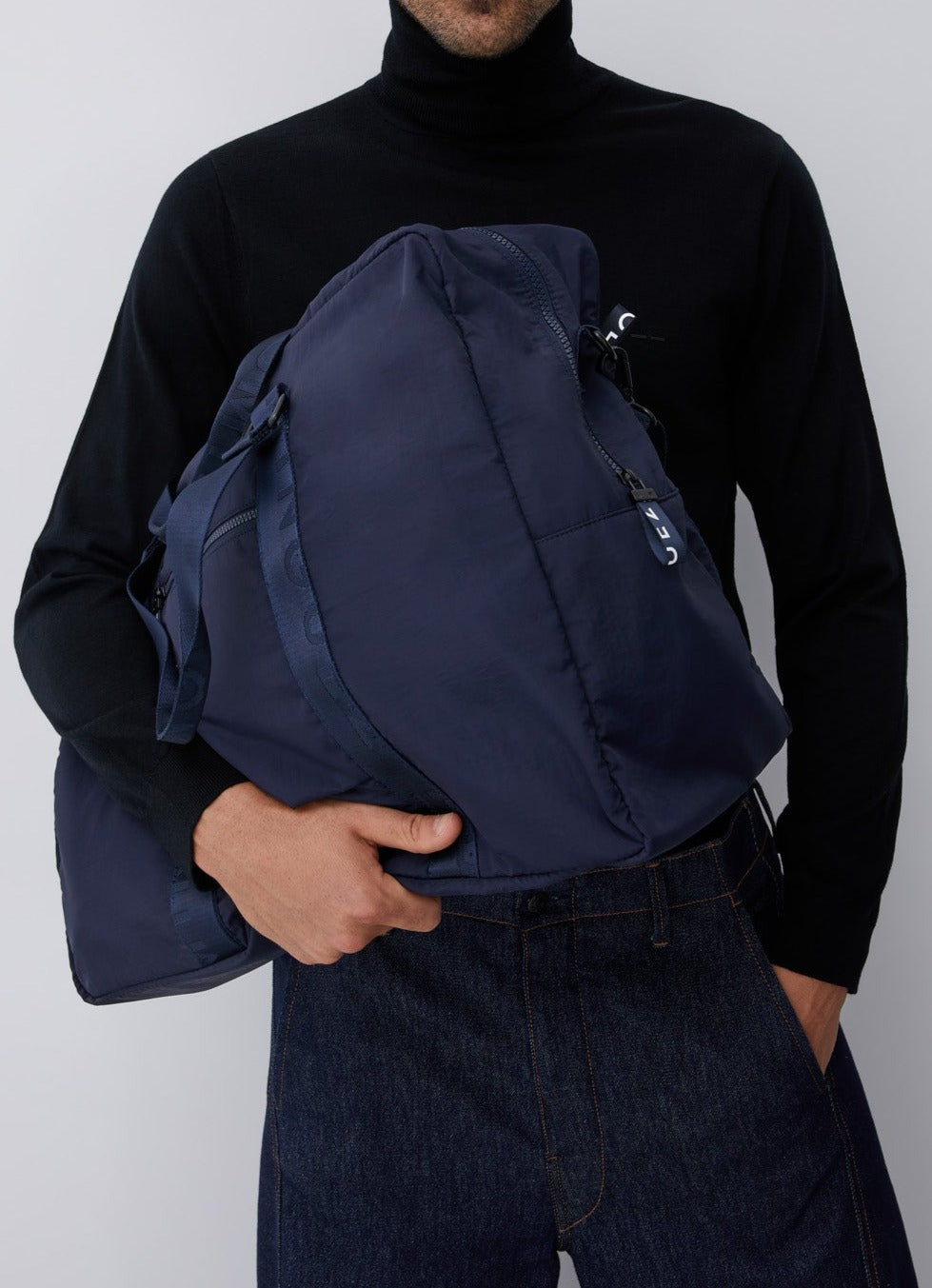 Navy Blue Nylon Weekender With Double Strap