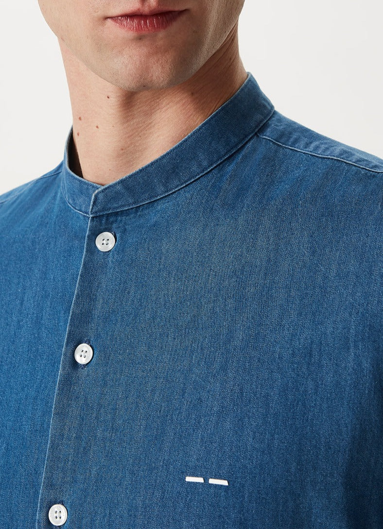 Blue Twill Shirt With Mandarin Collar