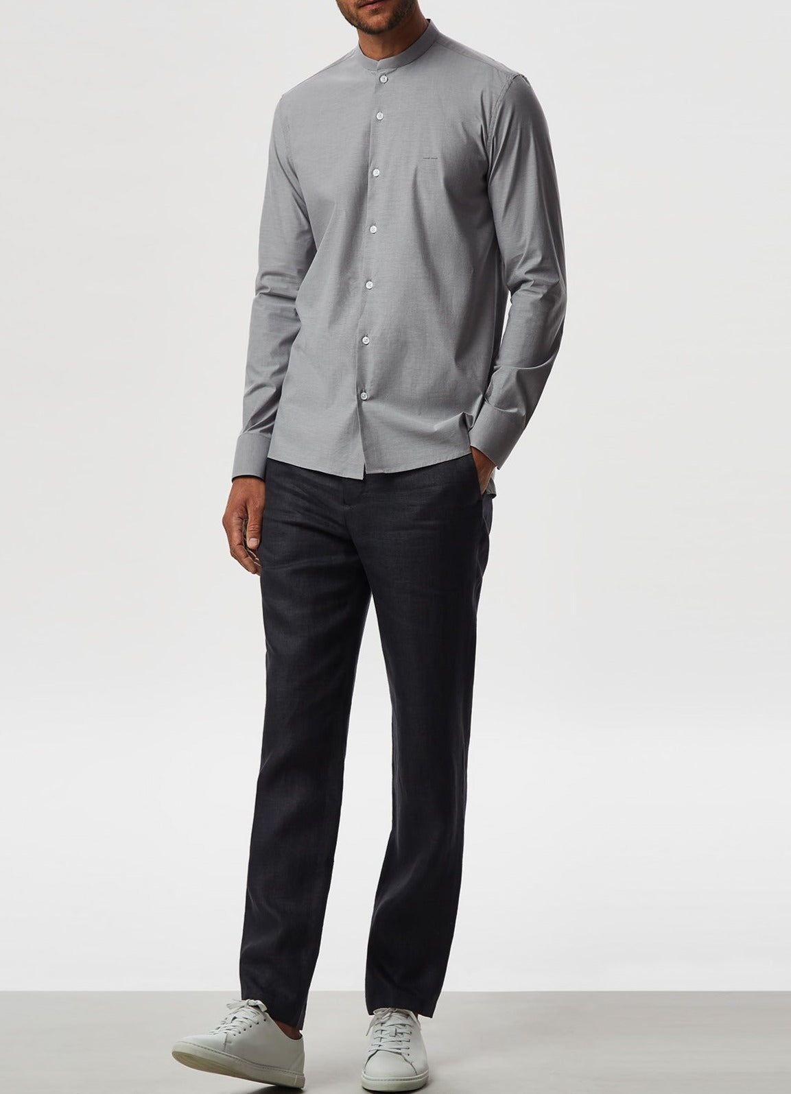 Grey Elastic Cotton Mandarin Collar Shirt