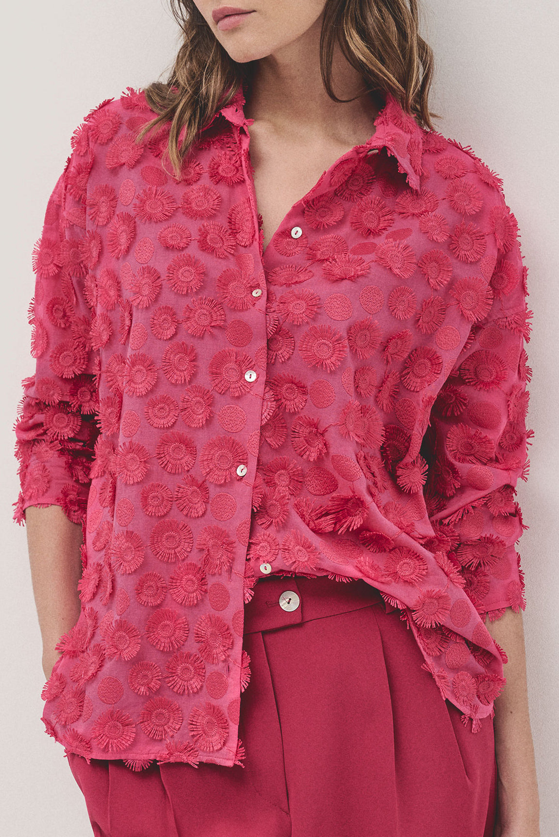 Raspberry oversize fil coupé blouse with circle design