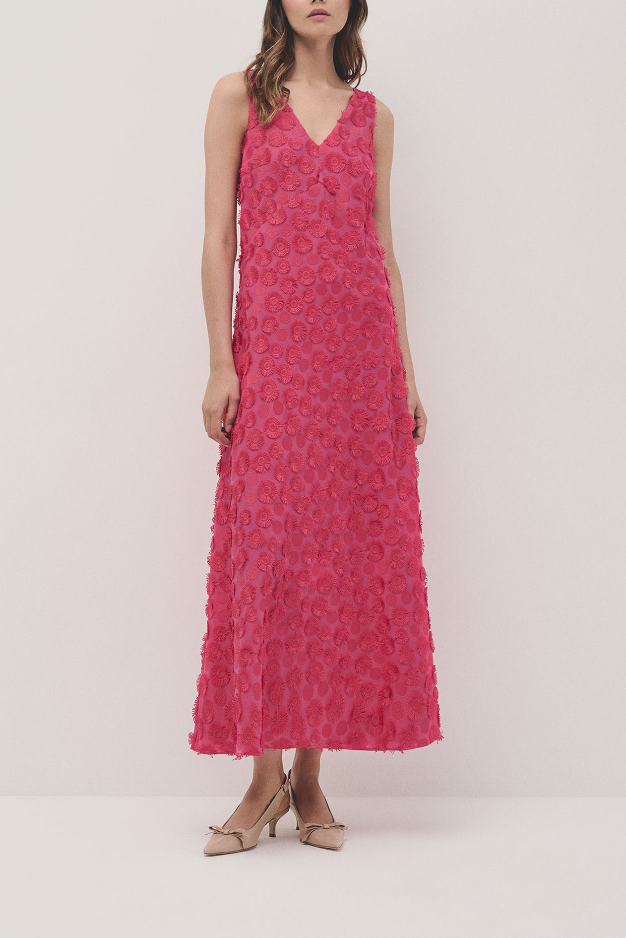 Raspberry sleeveless fil coupé midi dress