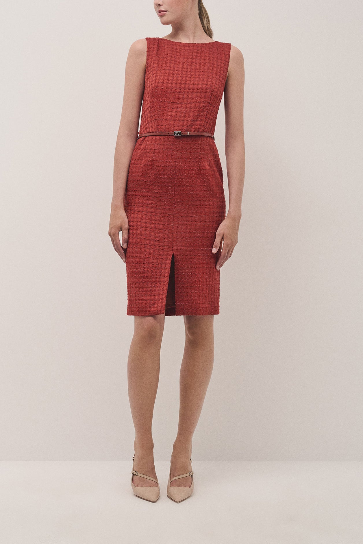 Tile colored sleeveless woven dress with chanel style checkered pattern