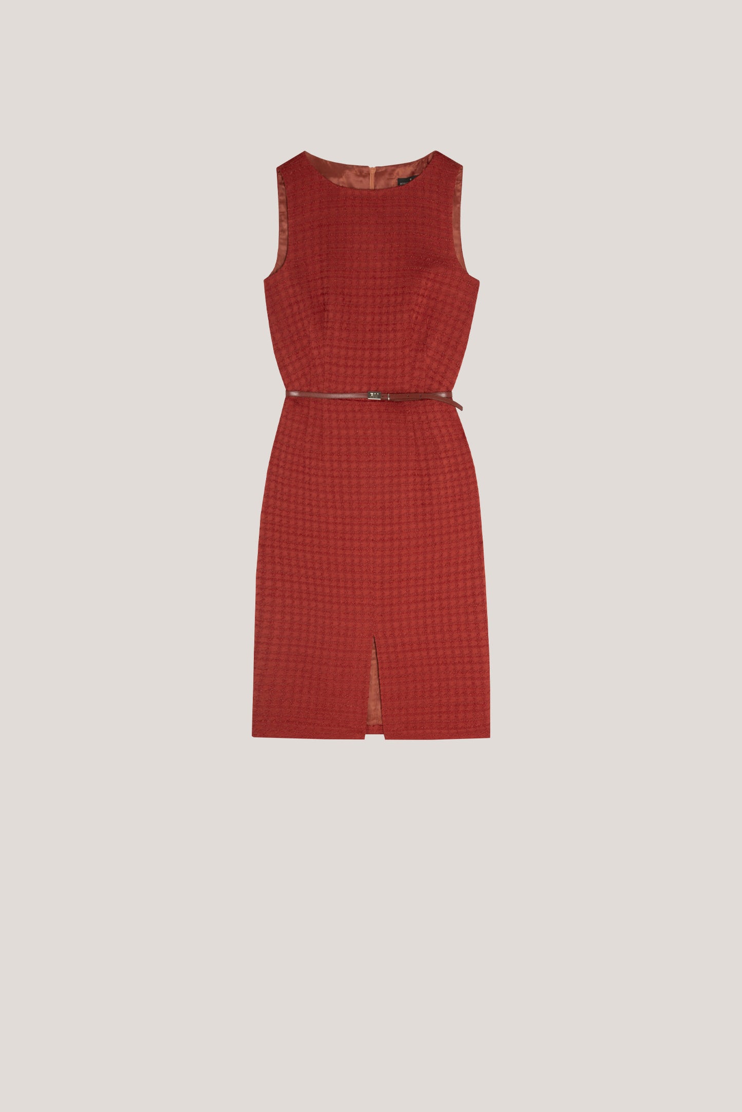 Tile colored sleeveless woven dress with chanel style checkered pattern