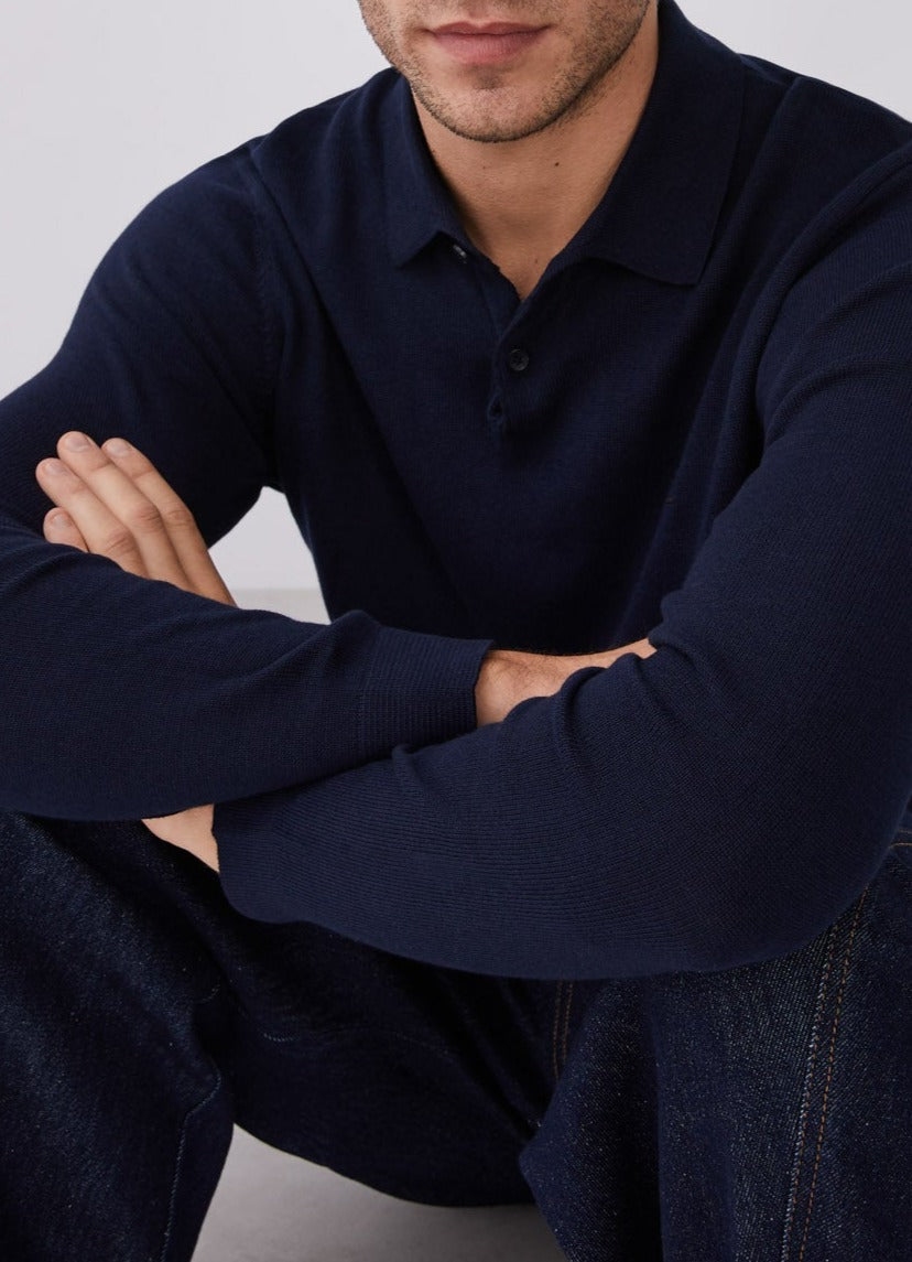 Navy Blue Long Sleeve Cotton Polo Shirt