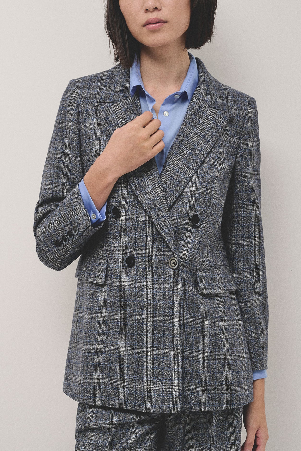 Double-breasted blazer in grey and blue wales check wool