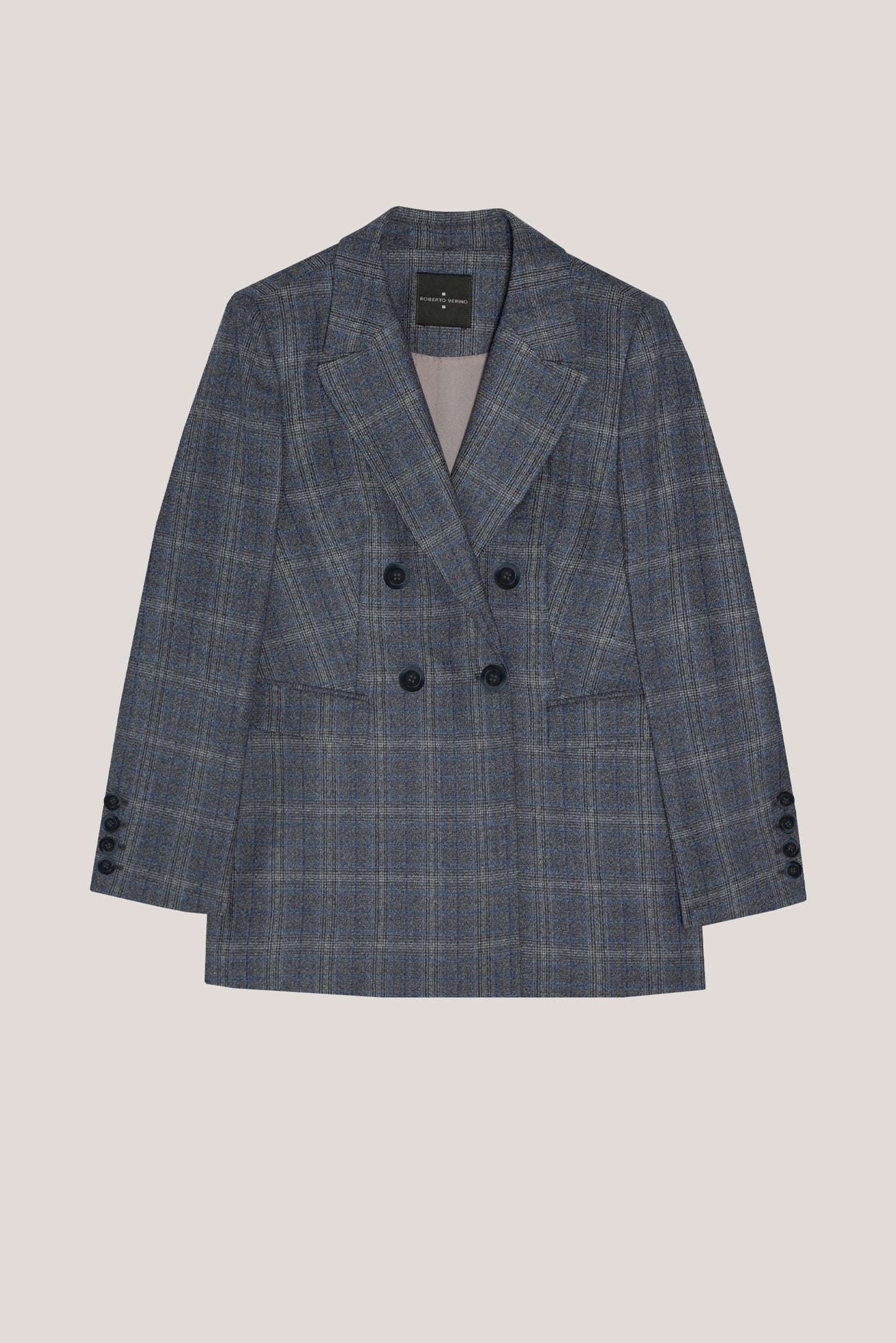 Double-breasted blazer in grey and blue wales check wool