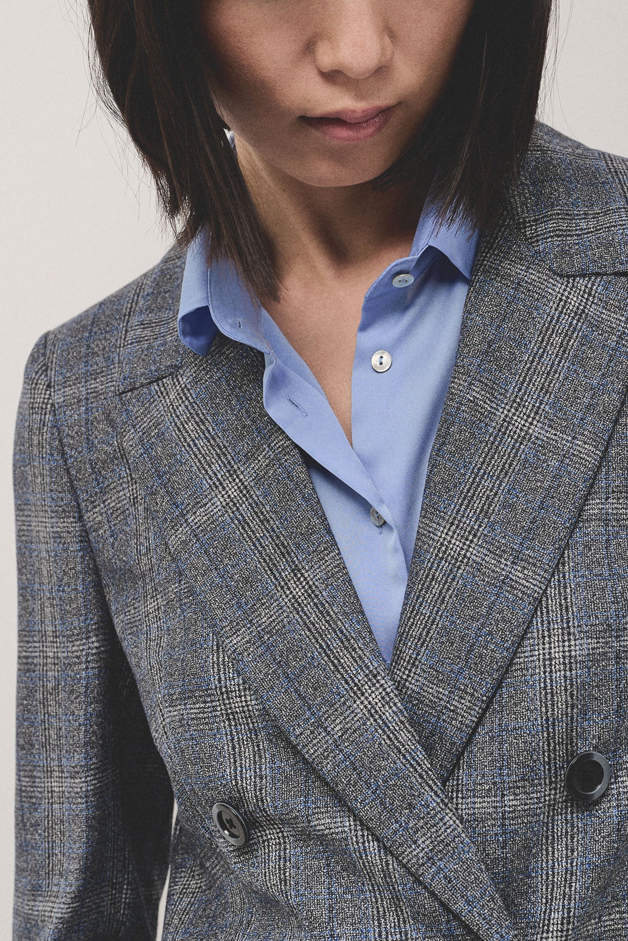 Double-breasted blazer in grey and blue wales check wool