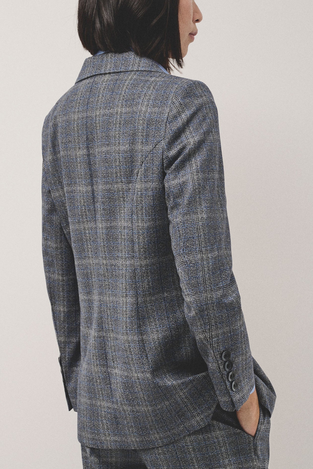 Double-breasted blazer in grey and blue wales check wool