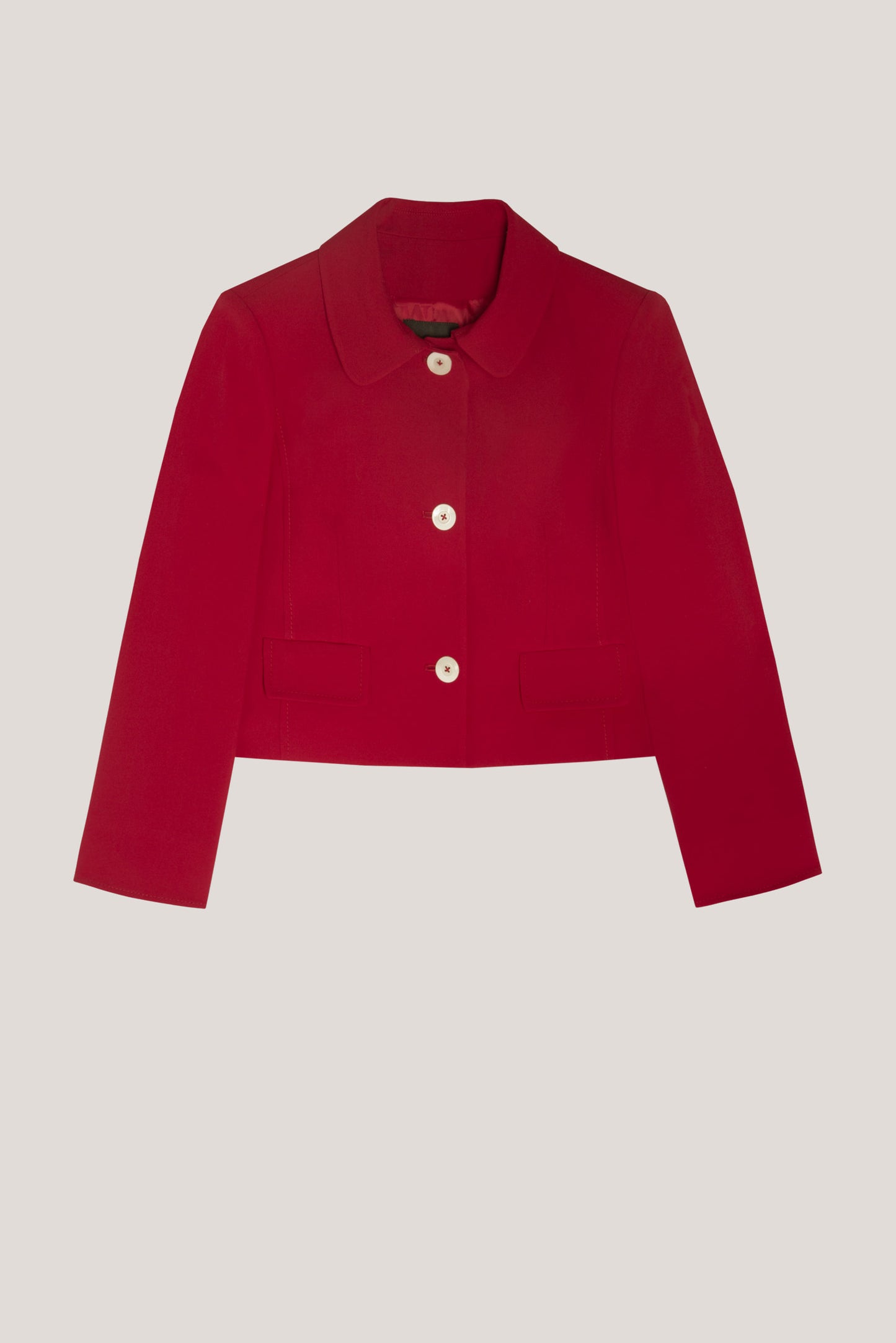 Short red crepe jacket with pockets on waist