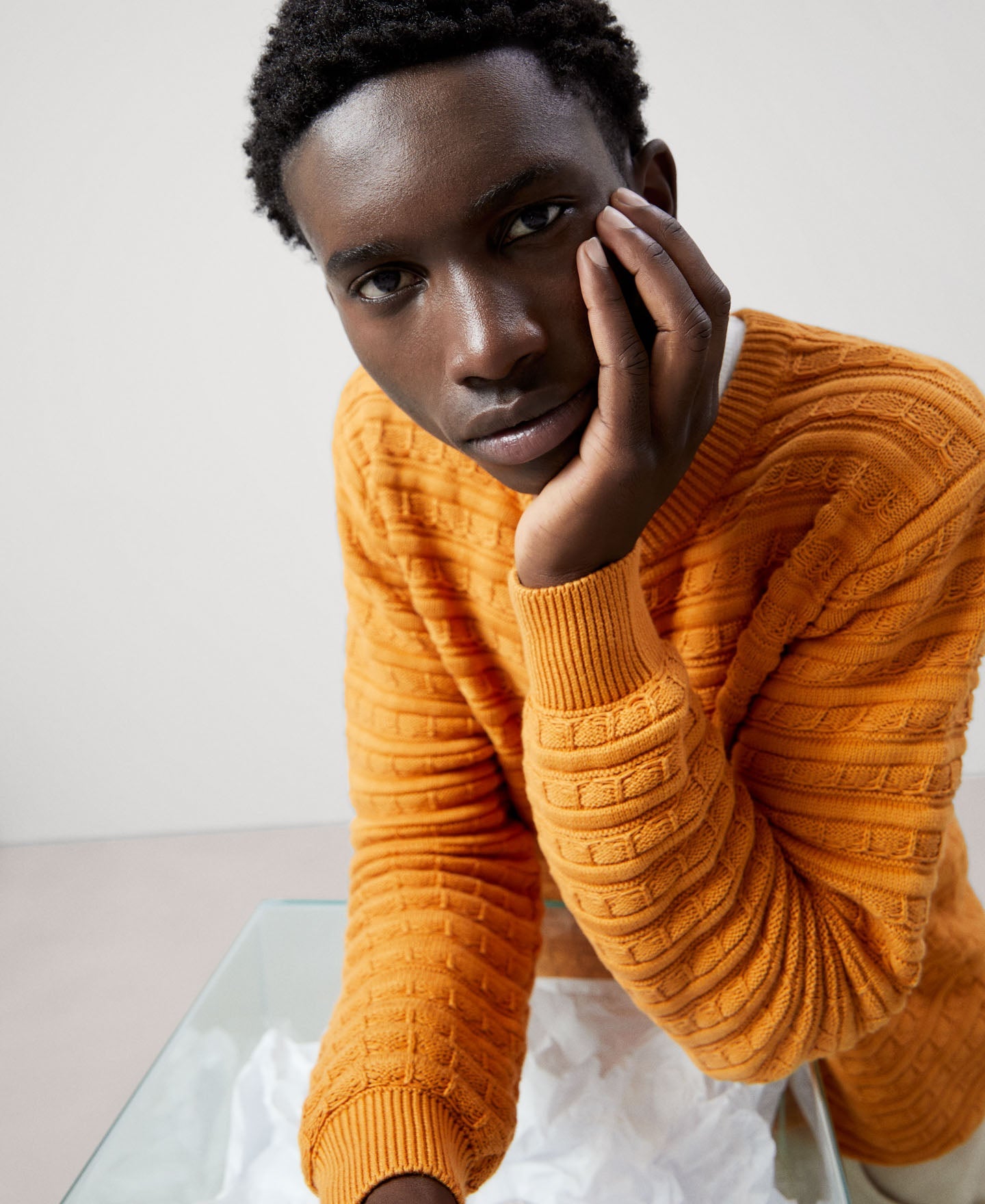 Light Orange Cotton Crew Neck Sweater