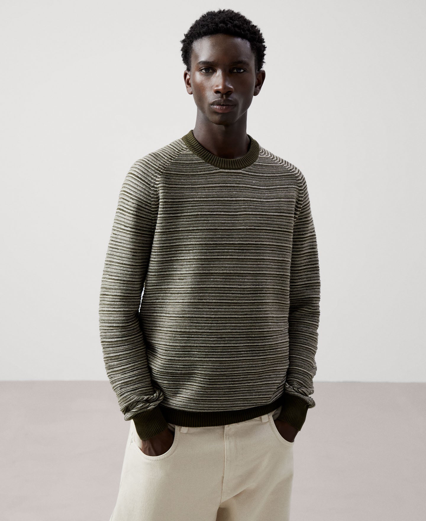 Khaki Cotton Knitted Crew Neck Sweater