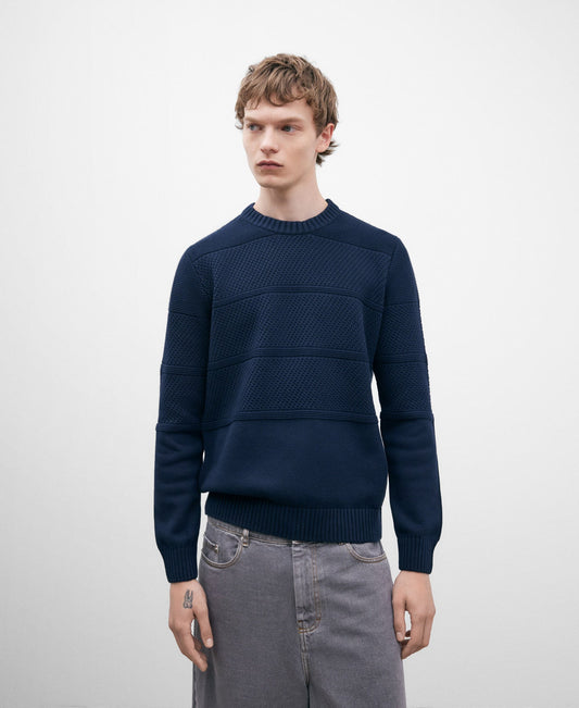 Blue Cotton Crew Neck Sweater