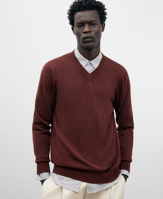 Burgundy V-Neck Cotton Sweater For Men