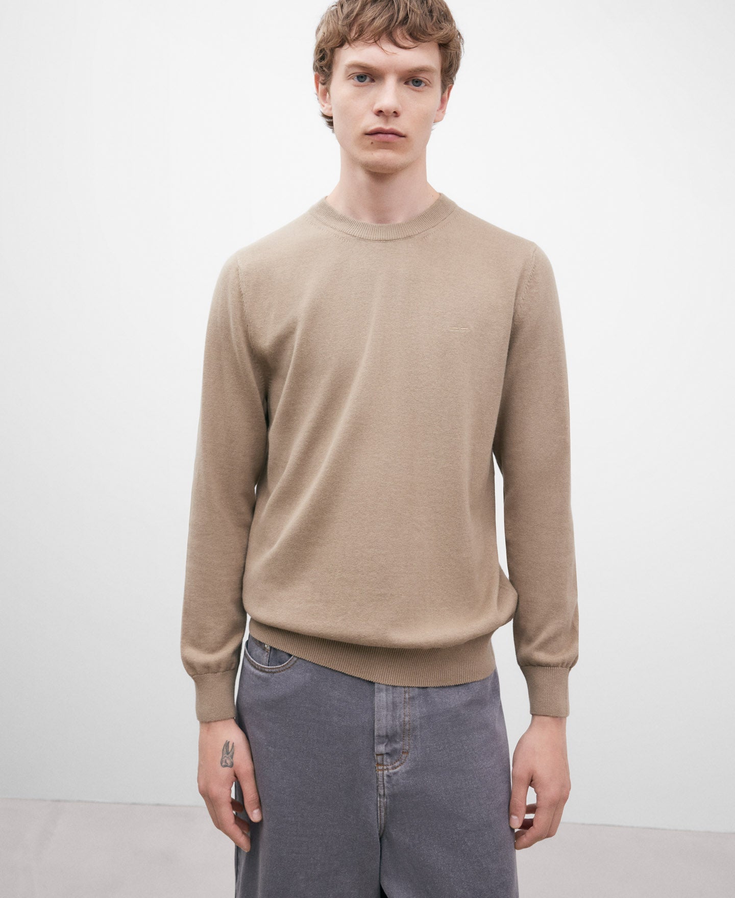 Sand Crew Neck Cotton Sweater For Men