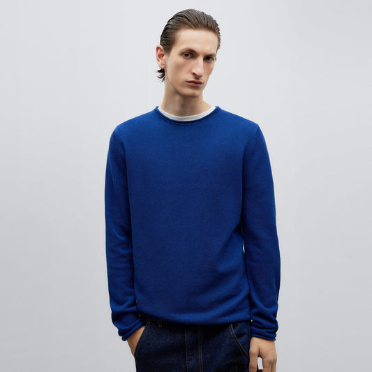 Blue Roll-Neck Cotton T-Shirt