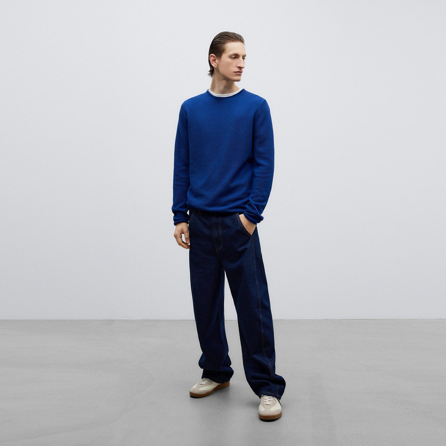 Blue Roll-Neck Cotton T-Shirt