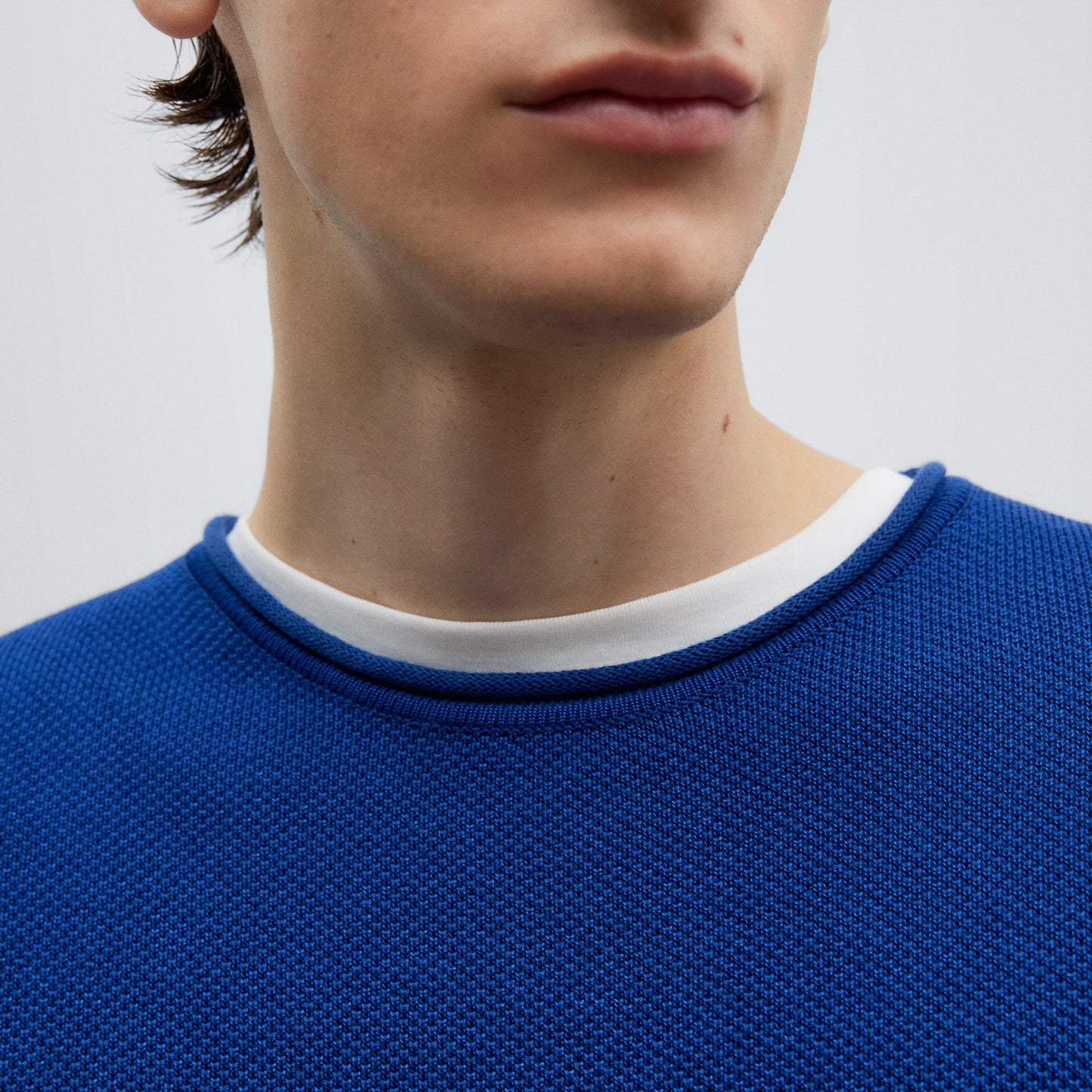 Blue Roll-Neck Cotton T-Shirt