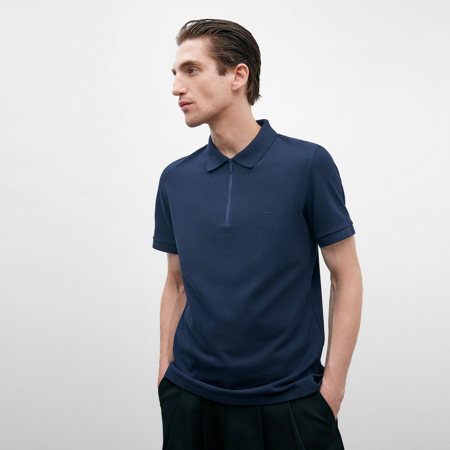 Dark Blue Mercerised Cotton Polo Shirt For Men