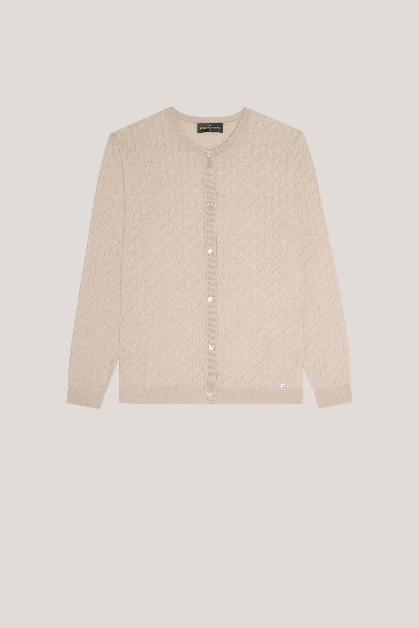 Round neck beige wool knitted cardigan