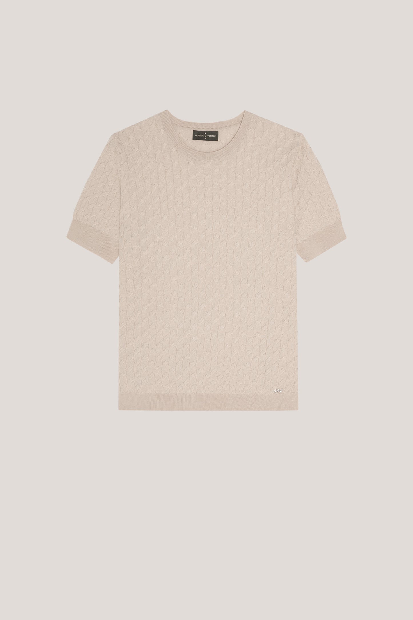 Beige short sleeve cable-stitched knit woollen T-shirt