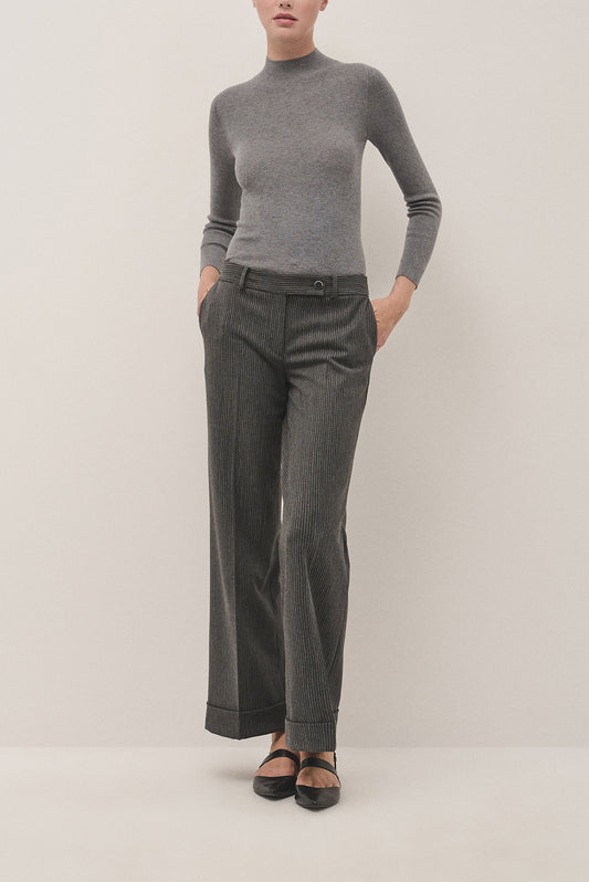 Grey wool and silk rib knitted jumper with turtleneck