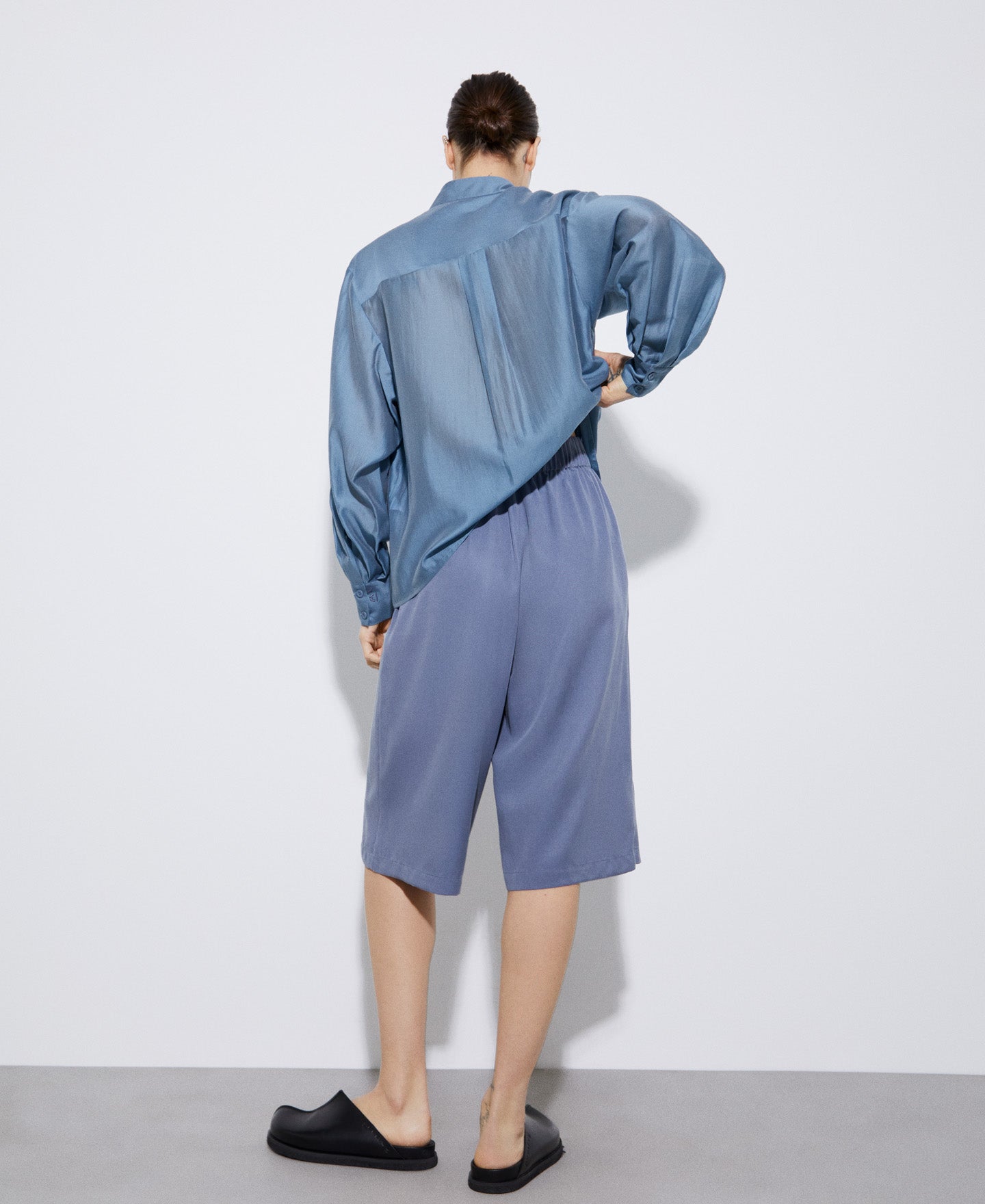 Grey/Blue Tencel™ Lyocell Flowing Bermuda Shorts