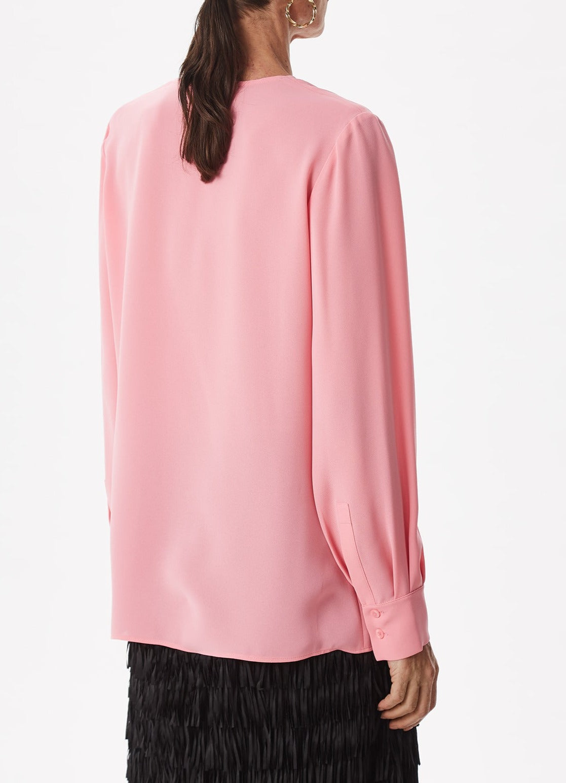 Pink Round Collar Blouse With Buttoned Cuffs