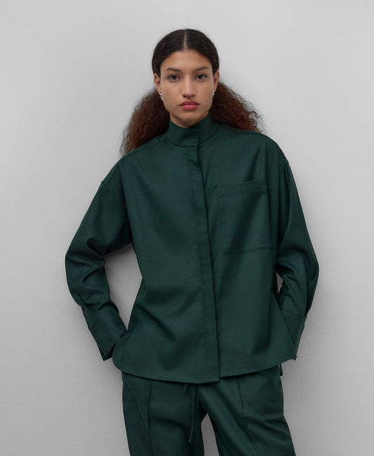 Dark green mandarin collar shirt woman in dark green