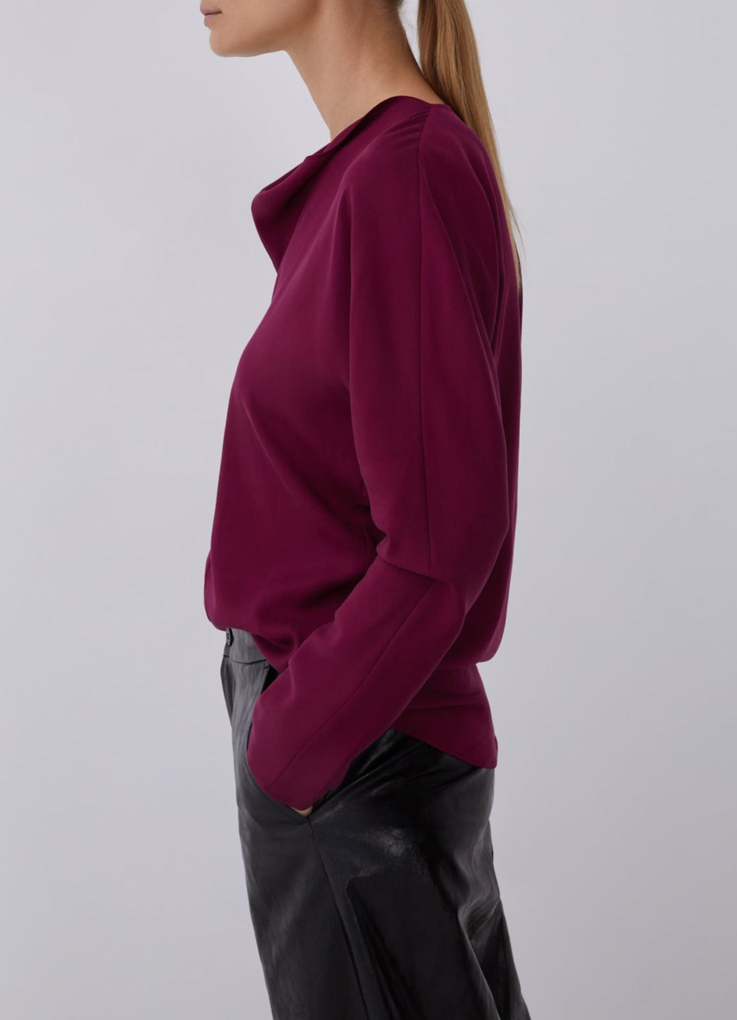 Maroon Lyocell Blouse With Cascade Neckline