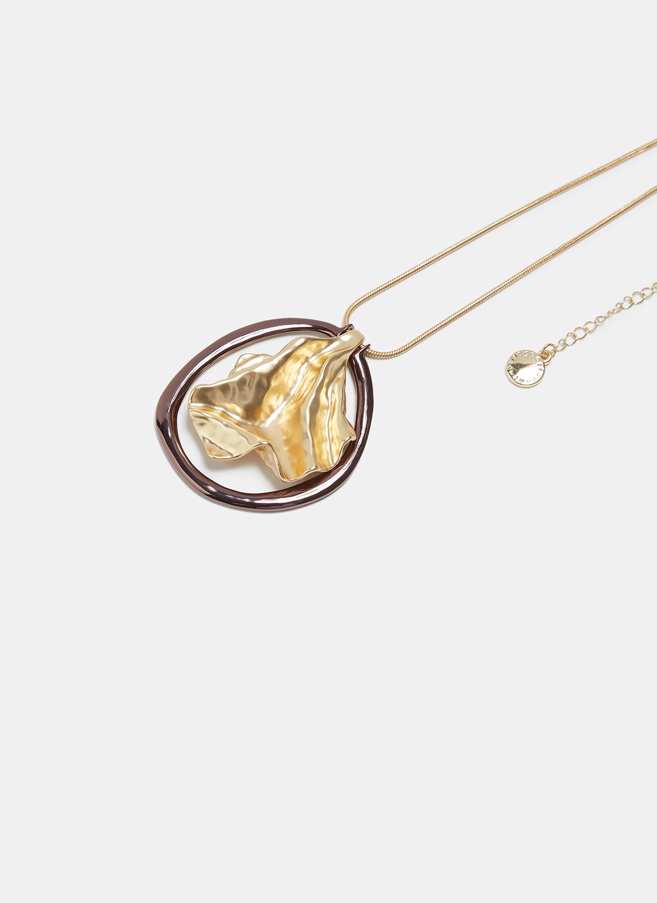 Gold Long Necklace With Wrinkled Pendant