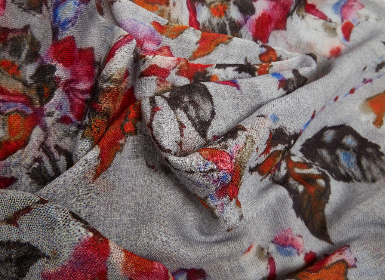 Grey Print Merino Wool Shawl With Floral Print