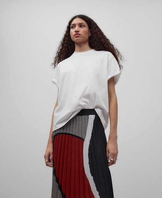 Printed pleated skirt woman in white/grey/red pri