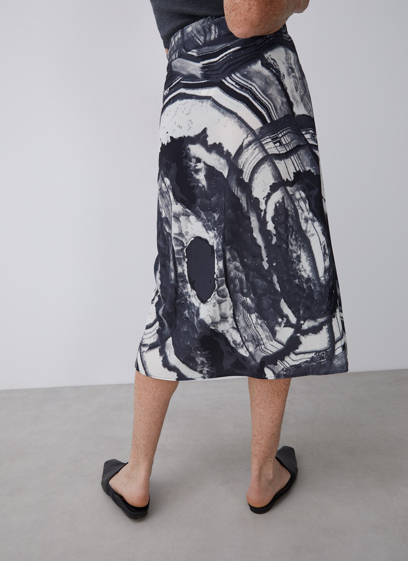 Black/Grey Midi Printed Skirt With Side Godet