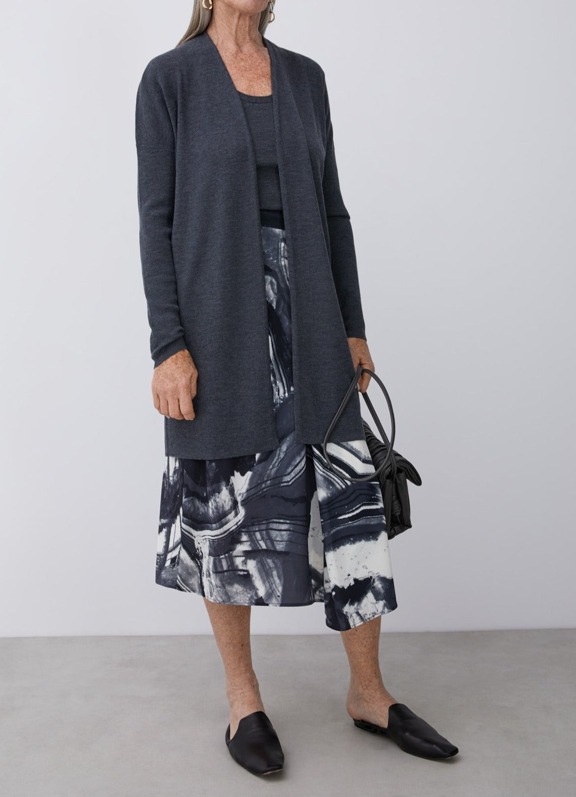 Black/Grey Midi Printed Skirt With Side Godet