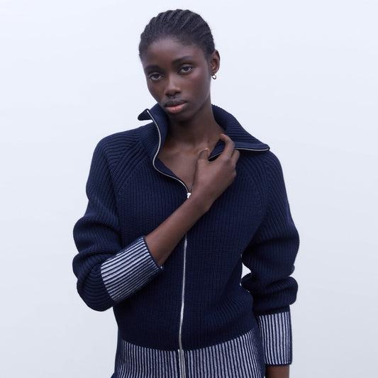 Navy Funnel Neck Knit Jacket