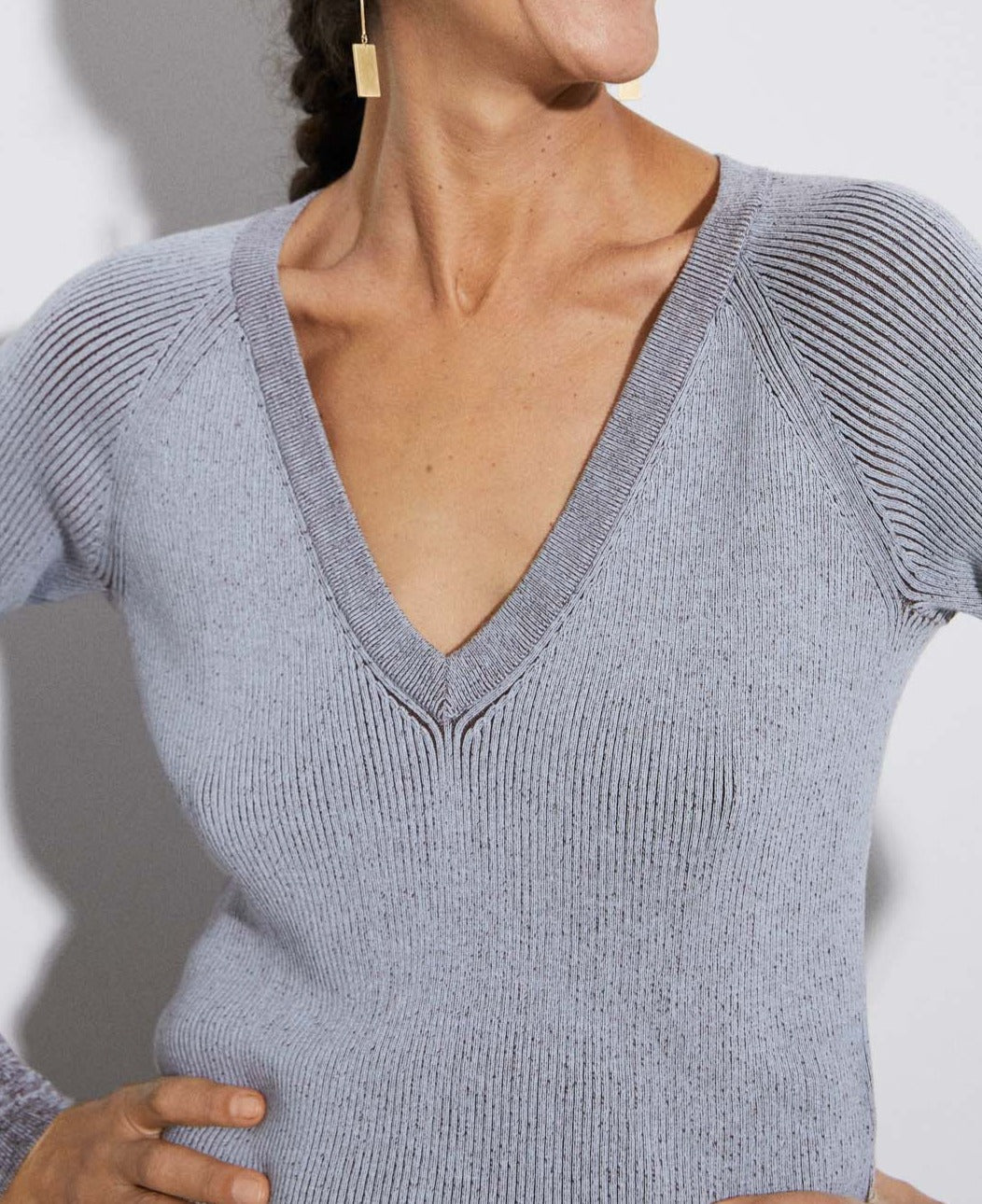 Blue/White V-Neck Viscose Knitted Sweater