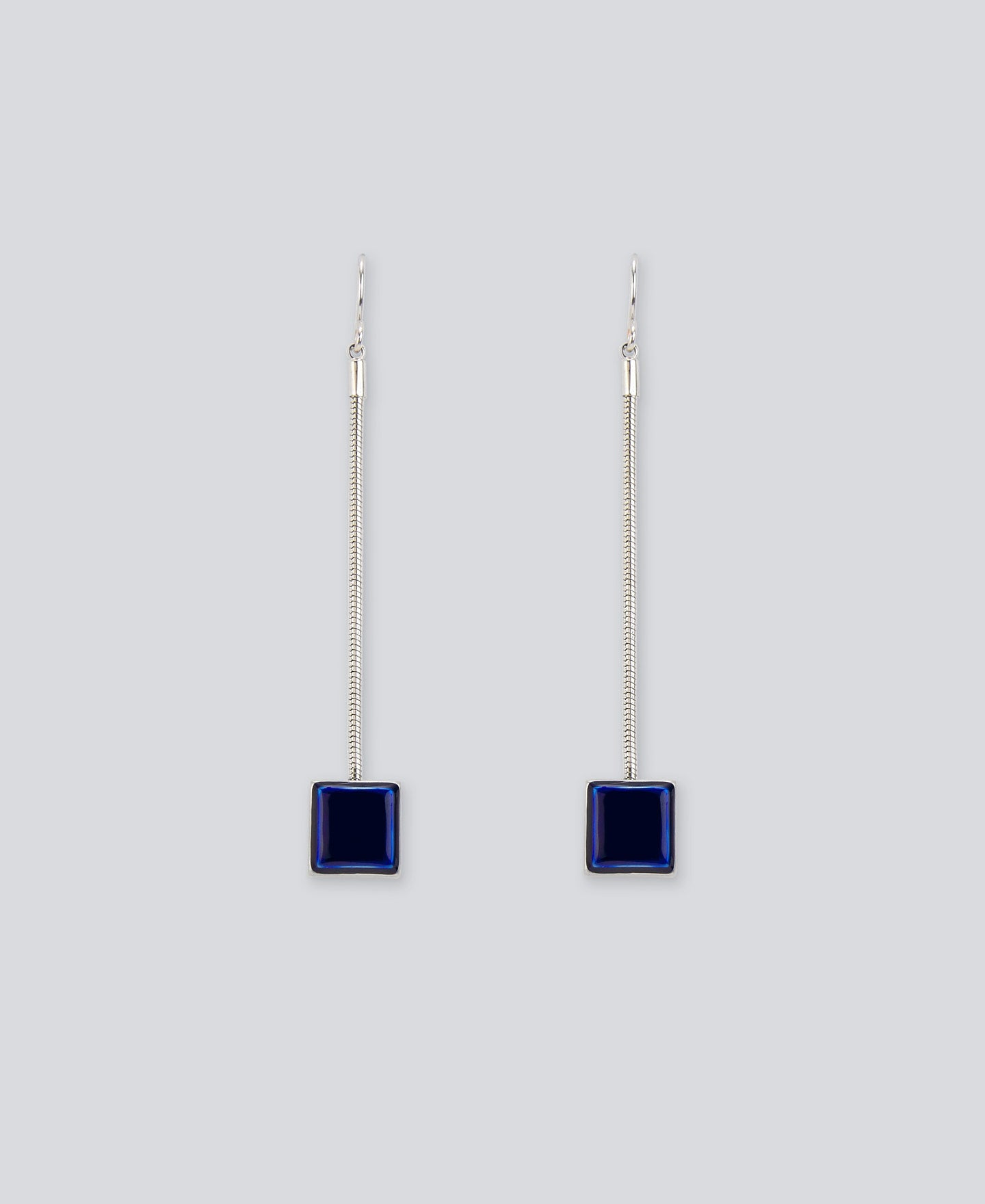 Silver Color Blue Lacquered Cube Chain Earrings