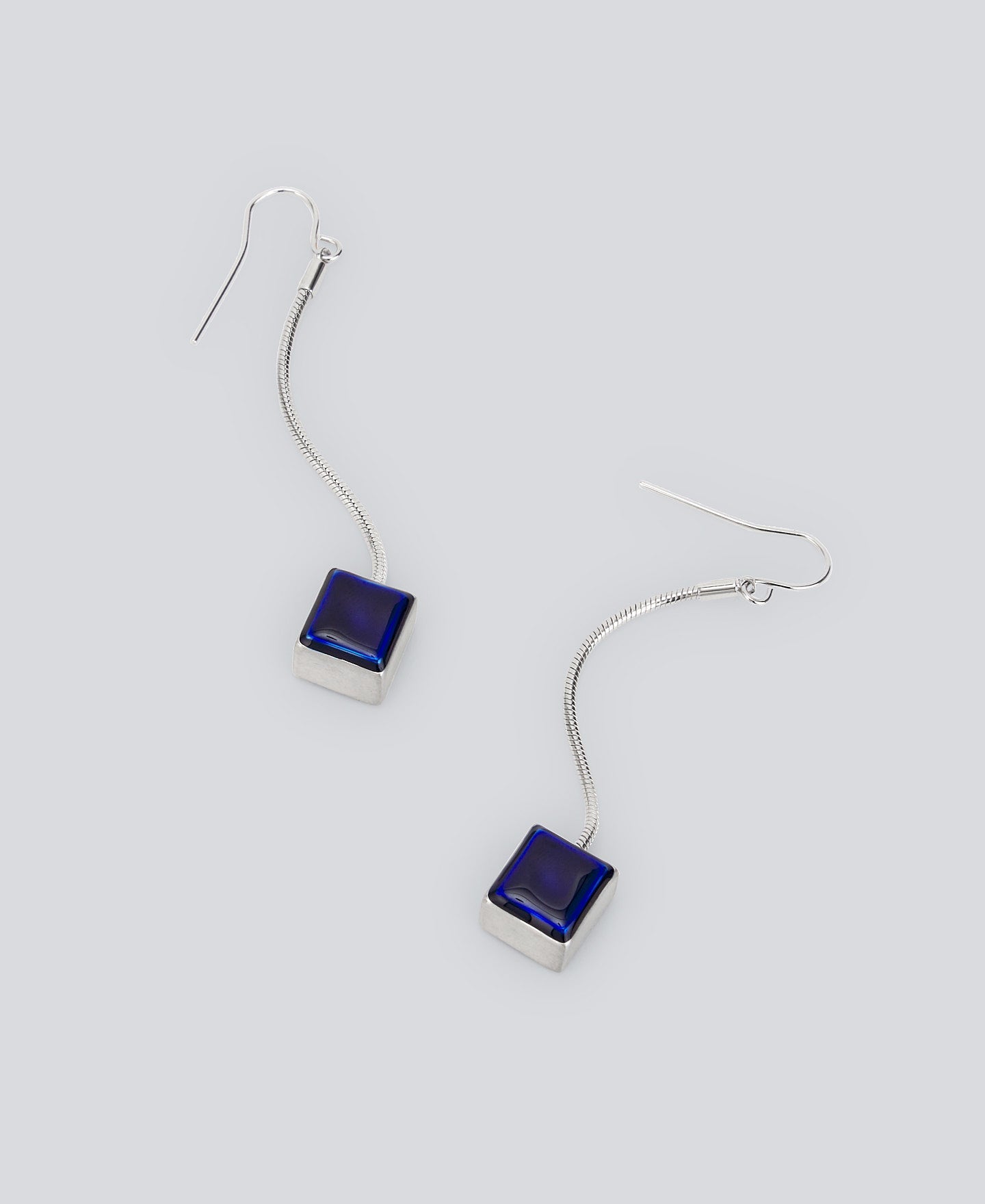 Silver Color Blue Lacquered Cube Chain Earrings