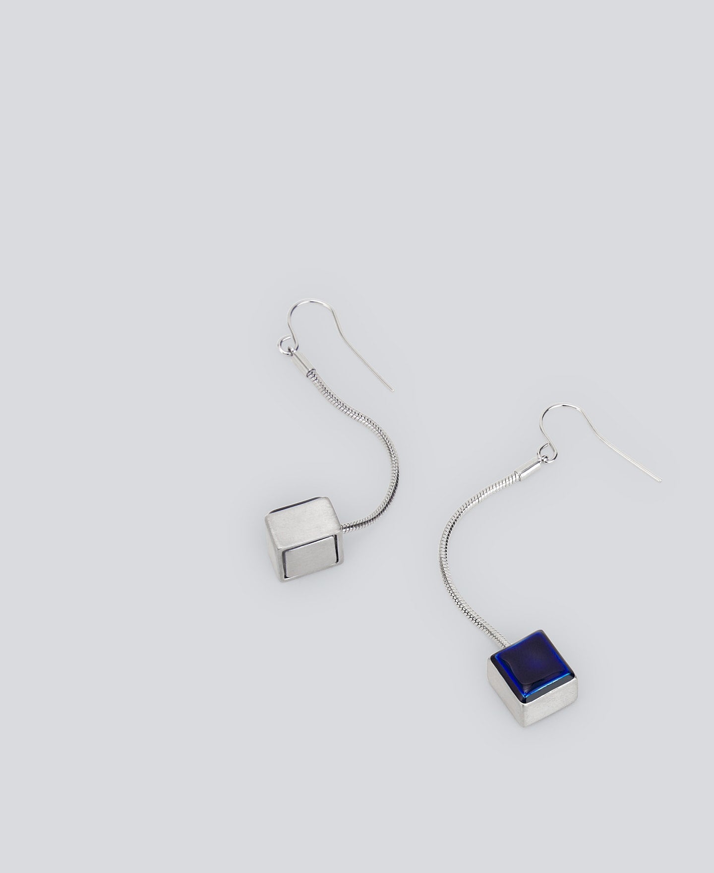 Silver Color Blue Lacquered Cube Chain Earrings