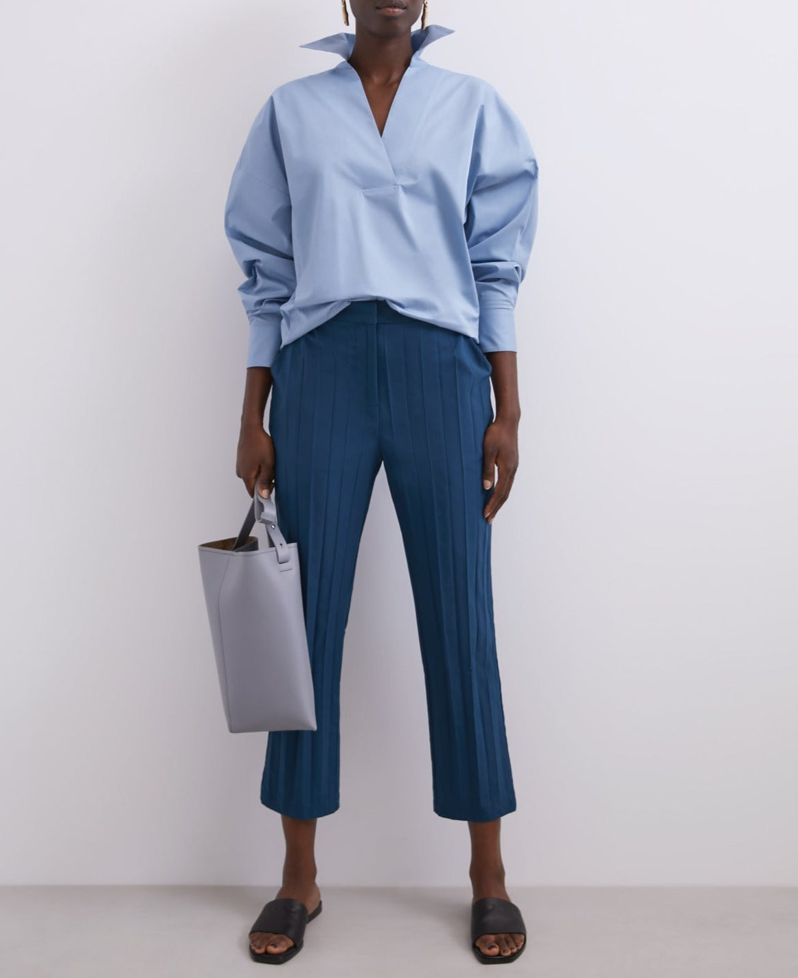 Blue Straight Cut Crinkle Trousers