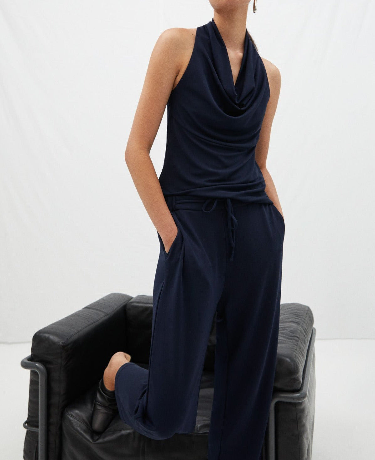 Navy Blue Draped Sleeveless T-Shirt