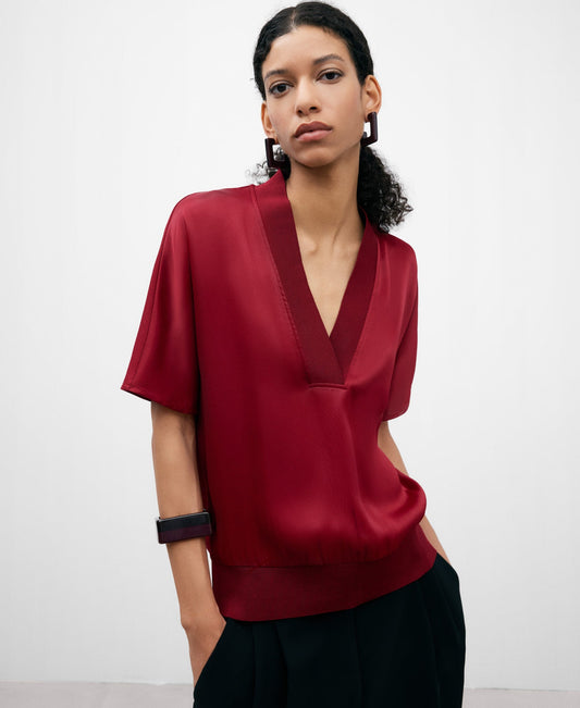 Maroon V-Neckline Viscose Blouse Woman