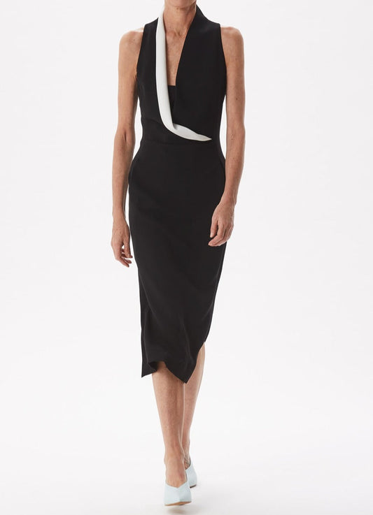 Black/White Bicolour Midi Dress With Draping Collar